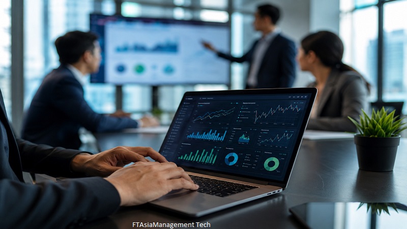 FTAsiaManagement Tech dashboard showing business analytics, AI-powered insights, and professionals collaborating in a modern corporate office.