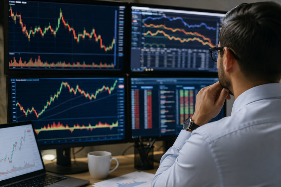 Financial analyst reviewing live market charts and AI-powered trading data while explaining ftasiatrading technology news by fintechasia.