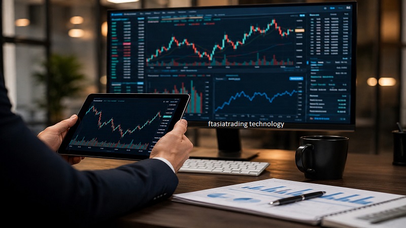 Finance analyst reviewing digital market charts on multiple screens showcasing FTAsiaTrading Technology and modern trading trends.
