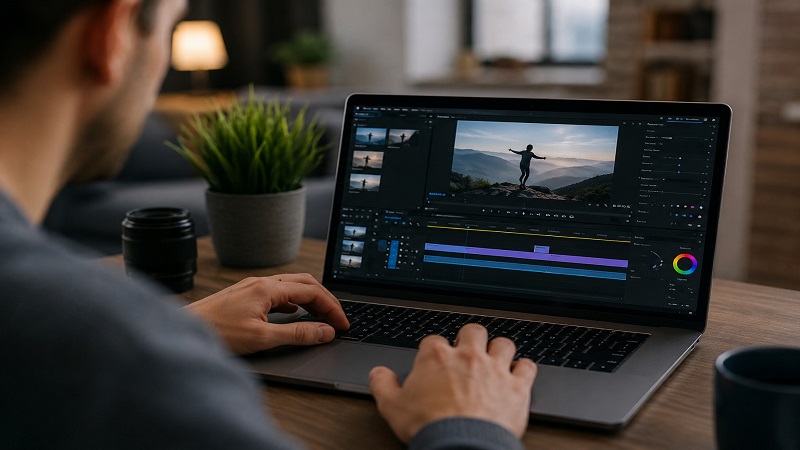 Person creating animated content on a laptop using video editing software.