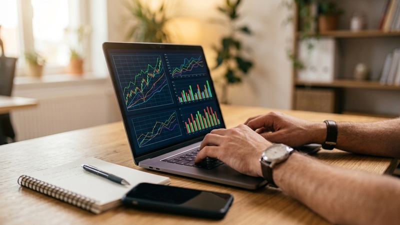 FTAsiaFinance Technologies by FintechAsia showing financial market charts and fintech data on a laptop