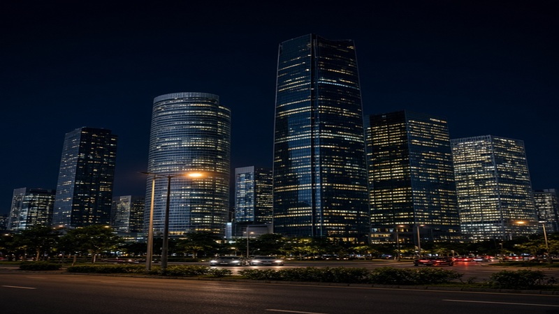 FTAsiaFinance Business modern financial district with illuminated office buildings at night
