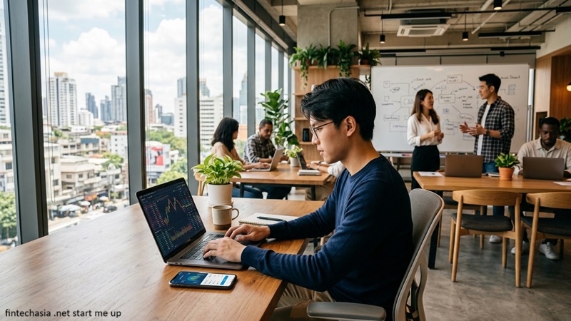 FintechAsia .Net Start Me Up featuring a fintech professional working on digital finance projects in a modern Asian startup office.
