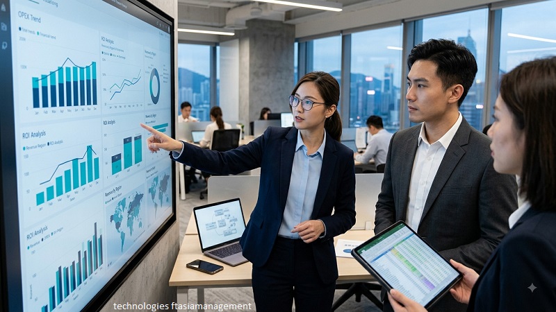 Technologies FTAsiaManagement business professionals analyzing financial data and technology