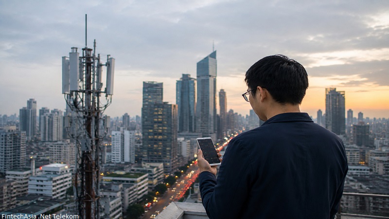 FintechAsia .Net Telekom concept showing telecom infrastructure, smartphone connectivity, and modern digital technology in a smart city.