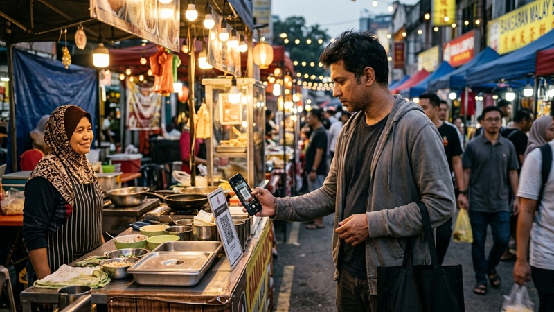 Man scanning a QR code with his smartphone to pay a smiling food vendor at a busy Asian night market, an example of ftasiamanagement economy news from fintechasia on digital payments