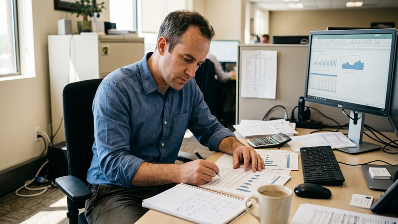 Financial analyst reviewing business reports and market charts for Business FTAsiaStock
