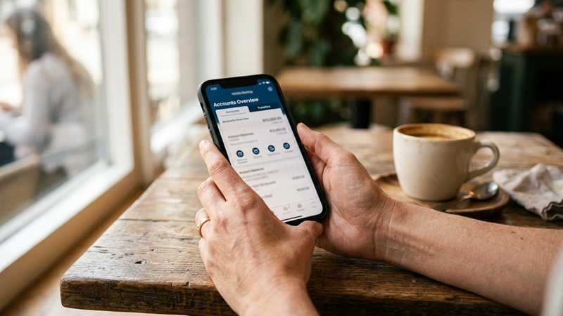 Person checking a mobile banking app on a smartphone at a café table, illustrating FTAsiaEconomy financial trends from FintechAsia