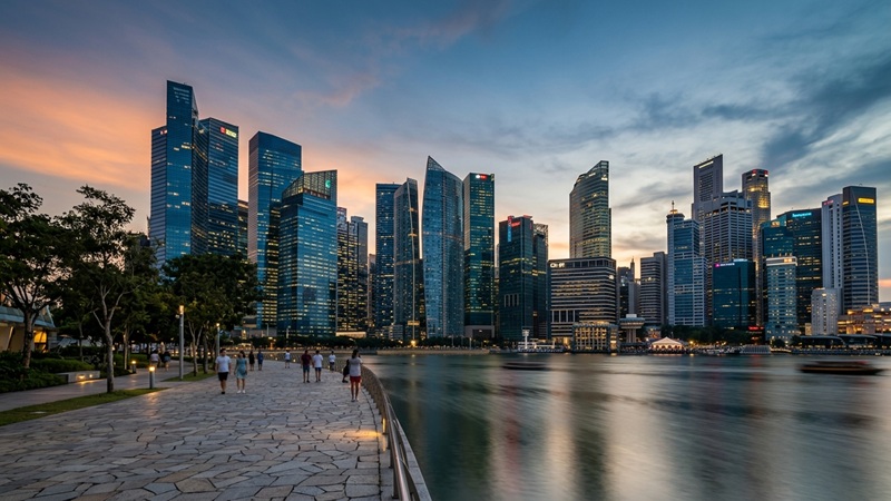Glass skyscrapers of an Asian financial district glowing at dusk beside a calm waterfront, representing ftasiafinance trends